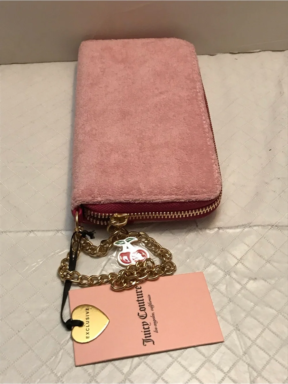 Juicy Couture Pink Velvet Logo Clutch with Magenta Embroidery